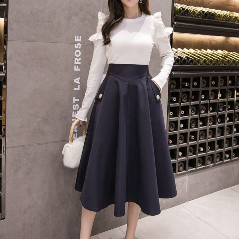 Ocean Blue Flared High Waist A Line Midi Skirt | Women Office School Skirt